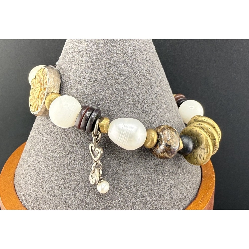 Silpada Bracelet Stretch Glass Pearl Wood Gold Tone‎ 2011 7"